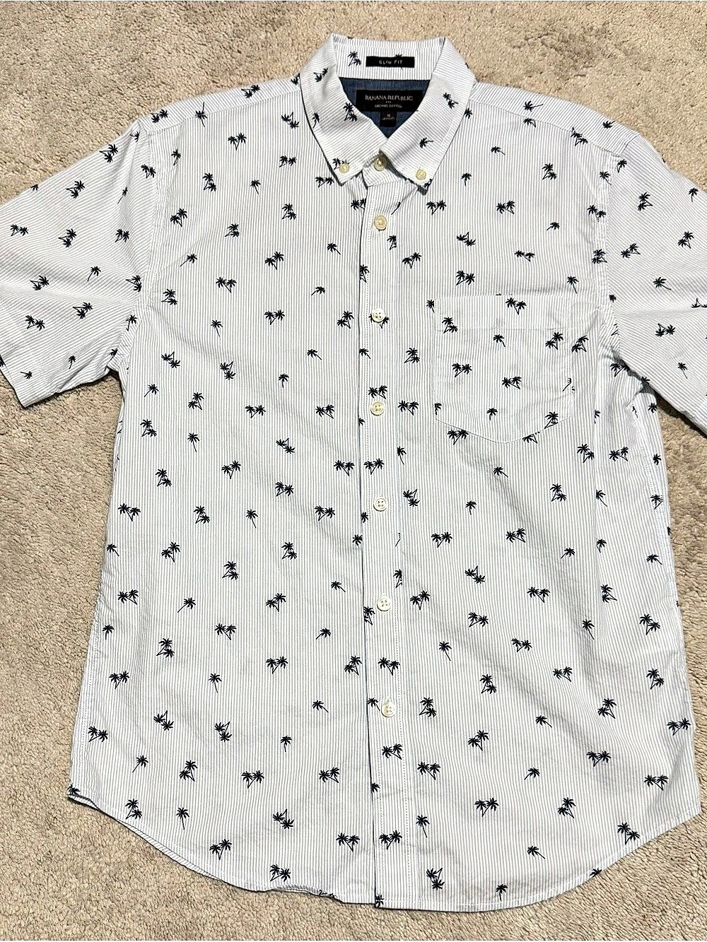 Banana Republic Men's Slim Fit Striped Palm Tree Tropical Button Down Shirt - S